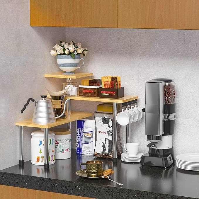 ZHWS Kitchen Countertop Organizer Spice Rack for Salt, Bathroom Counter Organizer Over Sink for Makeup, Skincare, Adjustable 3-Tier Corner Counter Shelf with 4 Hooks for Coffee Bar Dresser Table - Image 3
