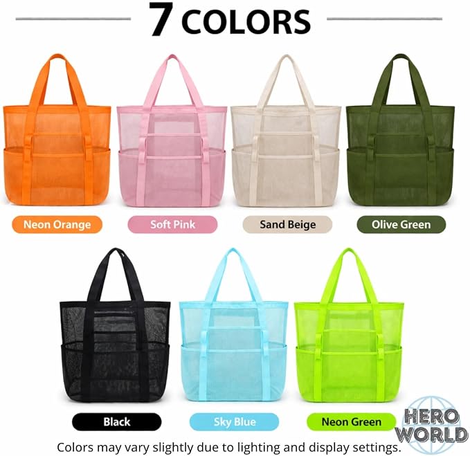 Mesh Beach Tote Bag Large Capacity Pool Gym Laundry Tote Foldable with Pockets Lightweight Travel Bag - Image 4