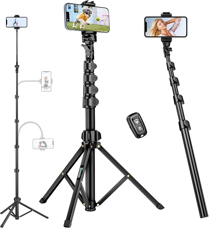 Selfie Stick Tripod, 85" Phone Tripod, Aluminum Tripod Stand for Video Recording Photo Vlog, Travel Cell Phone Tripod with Gooseneck/Remote/Phone Holder, Compatible with iPhone Android Smartphone by Nineigh