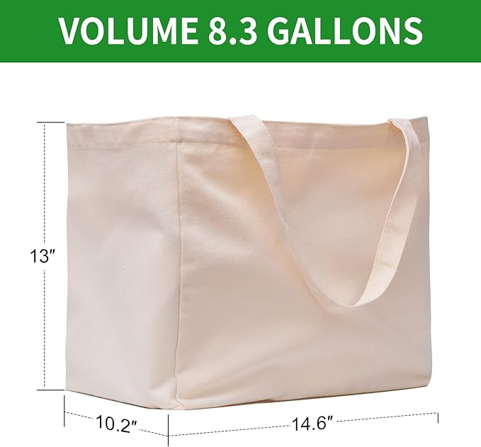 Canvas Reusable Grocery Bags Heavy Duty, 8.3 gal Foldable Large Tote Bag with Handles, Holds 60 lbs & Washable Eco-friendly Bags with 5 Pockets, Off white 1 Bags - Image 3