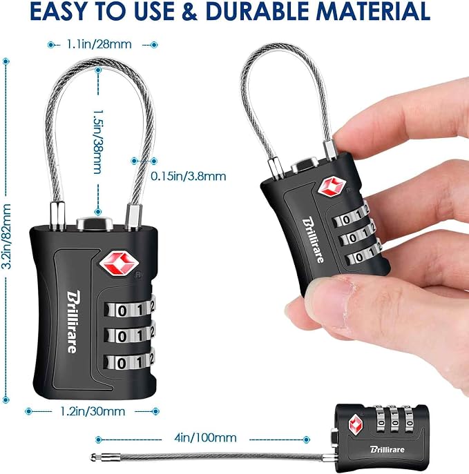 2 Pack TSA Approved Luggage Locks, Combination Travel Cable Padlock, 3-Digit Waterproof Lock, TSA Accepted Outdoor Keyless Resettable Lock for Lockers, Bags, Gym, Gate-Black - Image 3