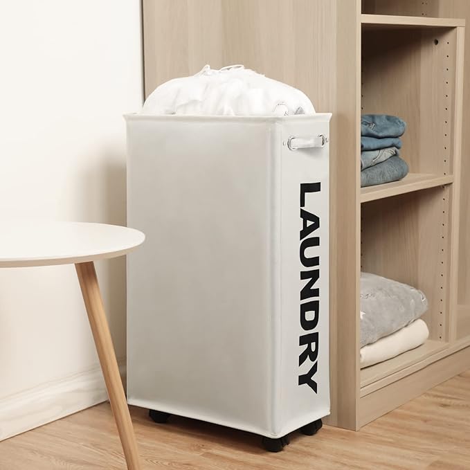 DOKEHOM 29" Enlarged Slim Rolling Laundry Basket Hamper on Wheels, Beige | Collapsible tall laundry hamper with removable mesh wash bag. Foldable narrow corner clothes storage bin for small spaces - Image 8
