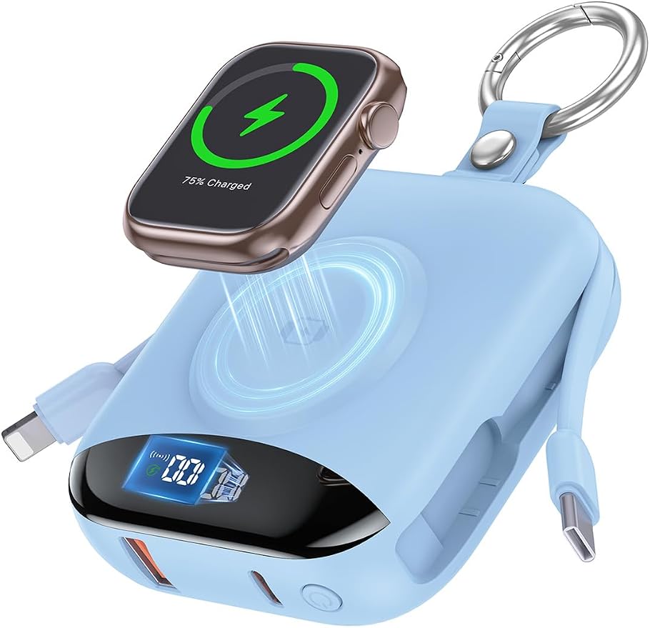 citicr Portable Charger 10000mAh w/Built-in Cables & iWatch Charger Blue | Fast charging, Built-in cables, LED display, Charge 5 devices at once, Ring buckle, TSA approved, Pocket size, Charge iWatch by CITICR