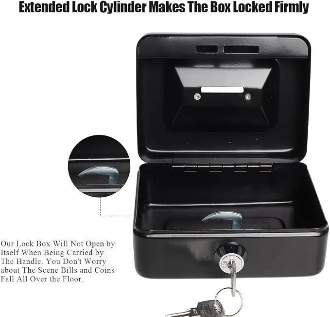 Small Cash Box with Lock and Slot - Jssmst Metal Coin Bank Small Lock Box, Black(SMCB0301N) - Image 6