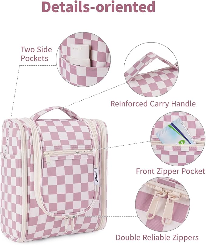 Narwey Small Checkered Hanging Travel Toiletry Bag for Women, Travel Bag for Toiletries, Makeup Bag Organizer Cosmetic Bags Make Up Bags for Women (Dusty Rose Checkerboard) - Image 6