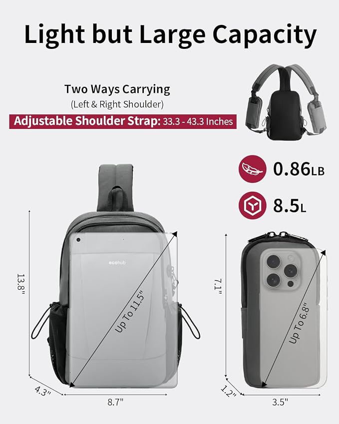 ECOHUB Anti-Theft Crossbody Bag Men Women RFID Blocking Lightweight Sling Backpack Water Resistant for Travel Hiking Outdoor - Image 6