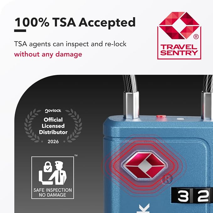 TSA Approved Luggage Locks, Travel Locks with Inspection Indicator | TSA008, Easy to Read Dials, 4 Digit Combination, Flexible Steel Cable, for Suitcases, Backpacks, Bags, 2-Pack, Blue - Image 3