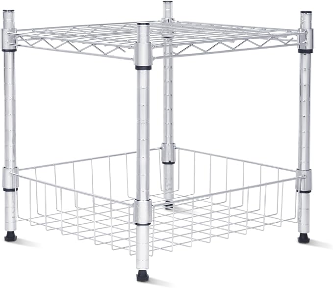 Whitmor 2 Tier Metal Storage Shelves, Heavy Duty Shelf with Basket, 350 lbs Capacity per Shelf, 700 lbs Total, Home Organizer for Kitchen, Garage, Bathroom, 15" L x 14" W x 15" H, Chrome by Whitmor