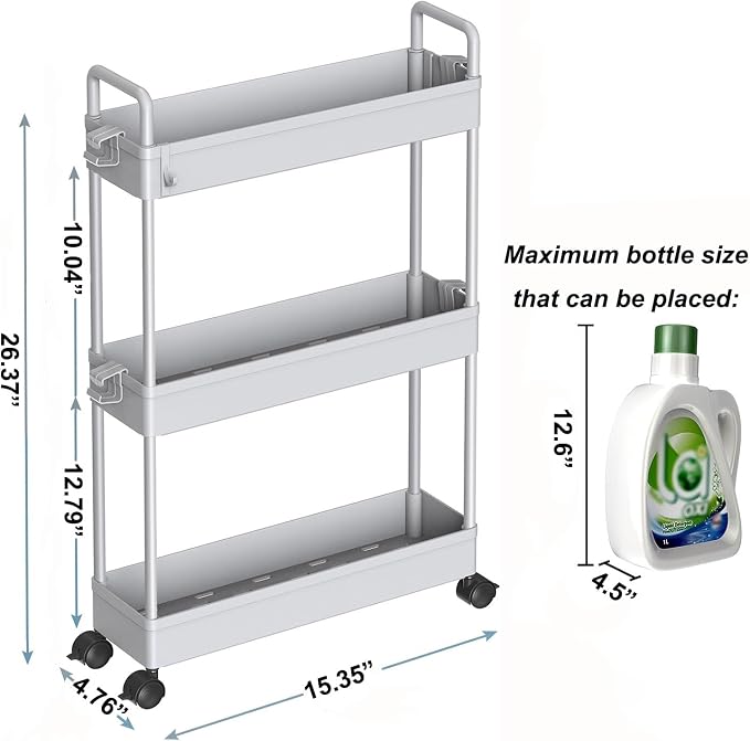 SOLEJAZZ Slim Rolling Storage Cart Skinny Bathroom Organizer, 3 Tier, Gray | Thin utility cart with wheels for bathroom, laundry room, bedside, kitchen, dorm, office, next to fridge, small narrow places - Image 2