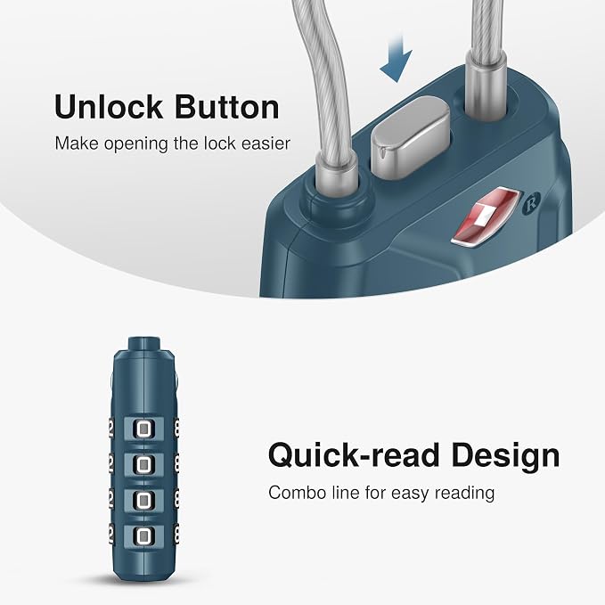 Puroma 2 TSA Approved Luggage Locks 4 Digit Code Cable Lock Blue Peacock | Resettable, Flexible Cable, Zipper holes, Zinc Alloy, Bright Color, Large White Numbers, Suitcase Train Travel, laptop bag - Image 4