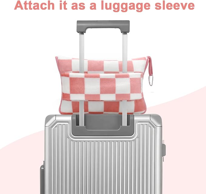 Travel Blanket and Pillow Compact, Premium Soft 2 in 1 Airplane Blanket with Soft Bag Pillowcase，Hand Luggage Sleeve and Backpack Clip (Ckeckered Pink) - Image 5
