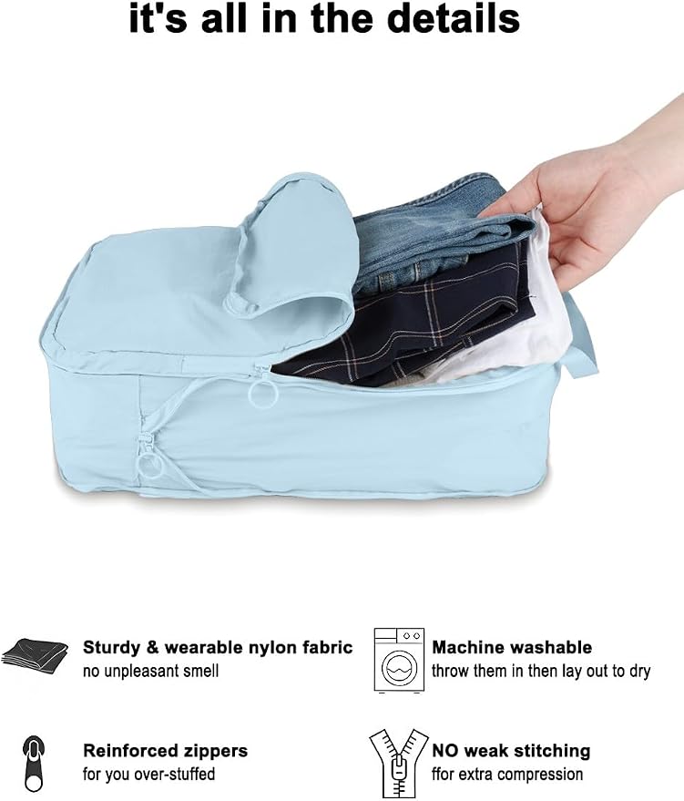 4 Set Compression Packing Cubes, Expandable Travel Organizer Bags, Water-Repellent Nylon, Space-Saving Luggage Set for Suitcase, Carry-on, Home Storage (4, Pale Blue, Compress) - Image 2