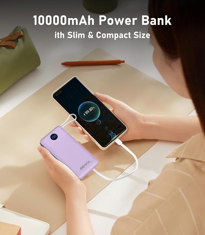 Portable Charger with Built in Cables, Slim 10000mAh Power Bank, USB C Battery Pack Travel, 4 Output 2 Input External Charging Bank for iPhone 17/16/15/14/13,Samsung, Android, etc-Purple(1 Pack) - Image 3