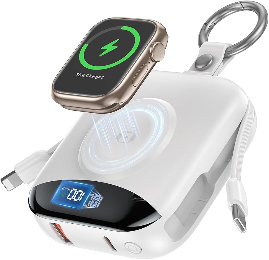 citicr Portable Charger 10000mAh w/Built-in Cables & iWatch Charger White | Fast charging, Built-in cables, LED display, Charge 5 devices at once, Ring buckle, TSA approved, Pocket size, Charge iWatch by CITICR