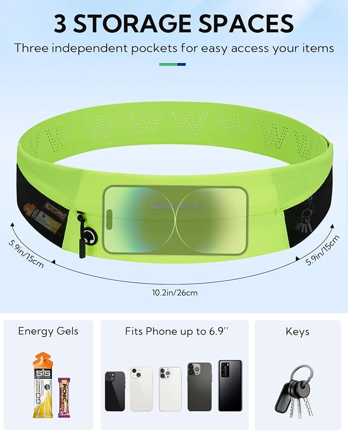 WATERFLY Running Belt Fanny Pack: Slim Lightweight Waist Bag for Runners | Trim-to-Size Hook & Loop Fit 24"-47", Workout Phone Holder, 3 Pockets, Reflective Strip, Fitness Jogging Exercise, Women, Men - Image 4
