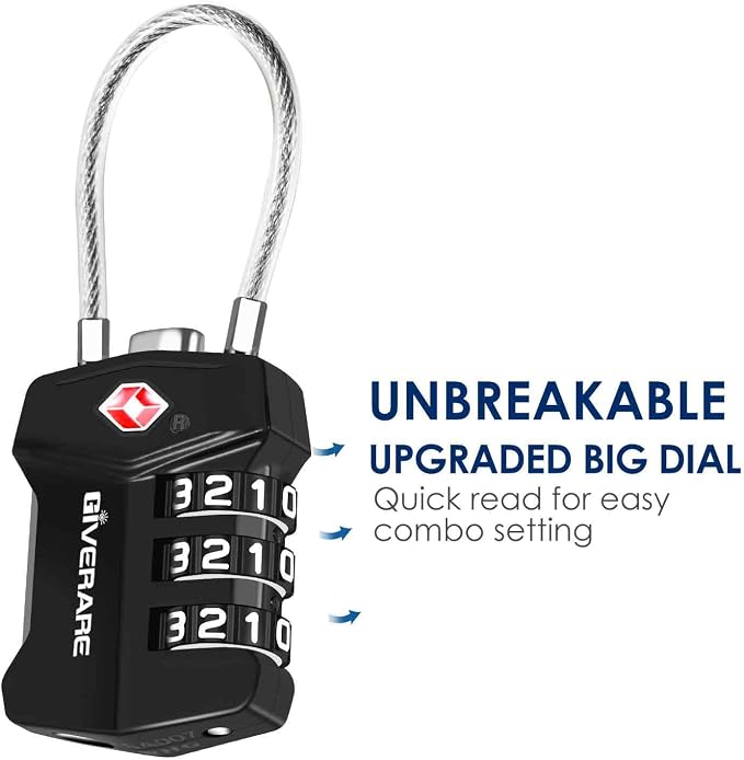 2 Pack TSA Approved Travel Luggage Locks, Cable Combination Lock Alloy, Metal Keyless 3-Digit Padlocks, Weatherproof TSA Accepted Padlock for Gym Locker, Golf Bag Case, Backpack, Black-by GIVERARE - Image 6