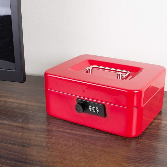 KYODOLED Medium Cash Box with Combination Lock Safe Metal Money Box with Money Tray for Security Lock Box 7.87"x 6.30"x 3.54" Red Medium - Image 6