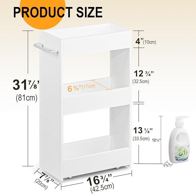 MARTY Slim Rolling Storage Cart 7.9" W Laundry Cart with Wheels,Wood, White | Narrow Utility Cart Between Washer and Dryer, 3 Tier Mobile Shelving Unit for Kitchen, Laundry, Bathroom, Office, Living Room - Image 5