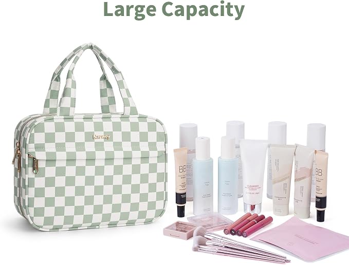 Narwey Hanging Toiletry Bag for Women Checkered Travel Makeup Bag Cosmetic Make Up Organizer Toiletries Bag for Travel Essentials Accessories (Mint Green Checkerboard, Medium) - Image 6