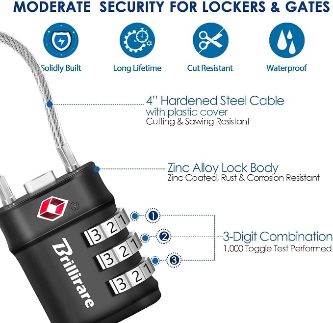 4 Pack TSA Approved Luggage Locks, Combination Travel Cable Lock, 3-Digit Waterproof Padlock, Zinc Alloy Outdoor Keyless Resettable Lock for Travel, Lockers, Bags, Backpack, Gym, Gate-by BRILLIRARE - Image 5