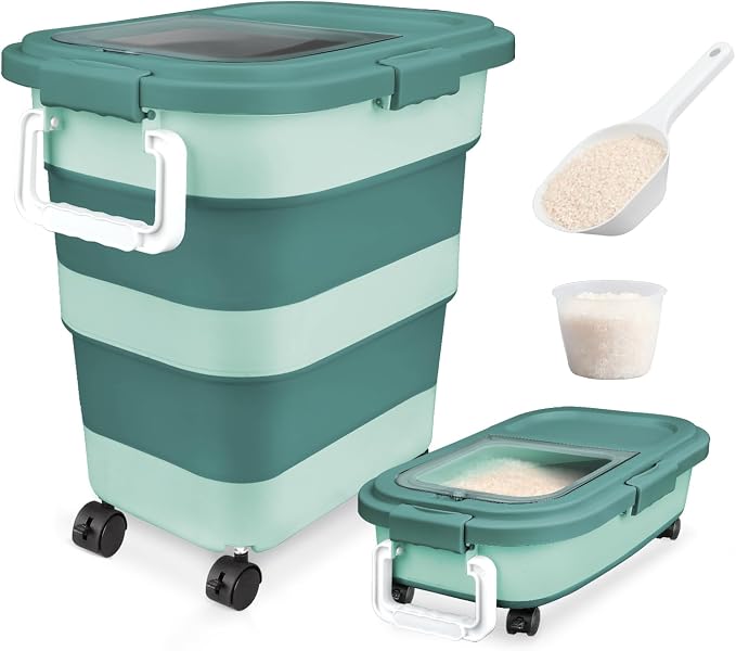 Rice Storage Container, Collapsible Airtight 10-40 Lb Rice Storage Container, 25lb Pet Dog Food Storage Container, Rice Dispenser Bin with Cup and Scoop for Flour Cereal Pasta Grain, Cat Bird by Komzon