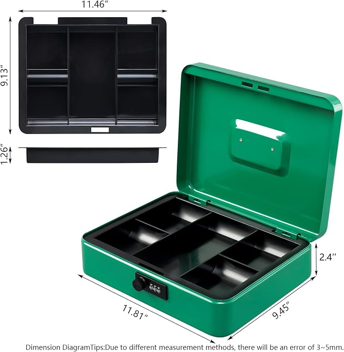 KYODOLED Metal Cash Box with Combination Lock Money Box for Cash Safe Metal Box with Money Tray for Security Lock Box 11.81"x 9.45"x 3.54" Green X Large - Image 5