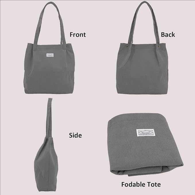 UERRUAM Corduroy Tote Bag for Women with Inner Pockets, Cute Go-to Bag | Slouchy Shoulder Bag for Everyday, Work, Books, Beach & Grocery Shopping, Lightweight Washable Foldable, Cloth Purse - Image 3