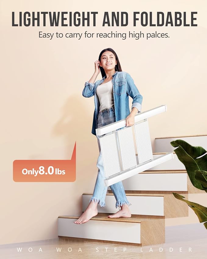 3 Step Ladder, Foldable Step Stool, 300lbs Load, White | Folded 35''H x 2''T; Net 8 lbs; Rigid Aluminum Steps; No Assembly; For Home, Kitchen, Office, Pantry, Closets, Cabinets - Image 5