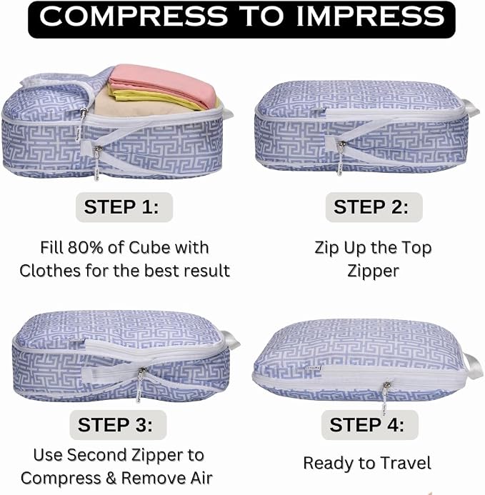Compression Packing Cubes for Travel 6pc Set with Laundry Bag/Backpack-Luggage Organizers for Suitcase-Lightweight Compressible - Light Blue Boho - Image 6