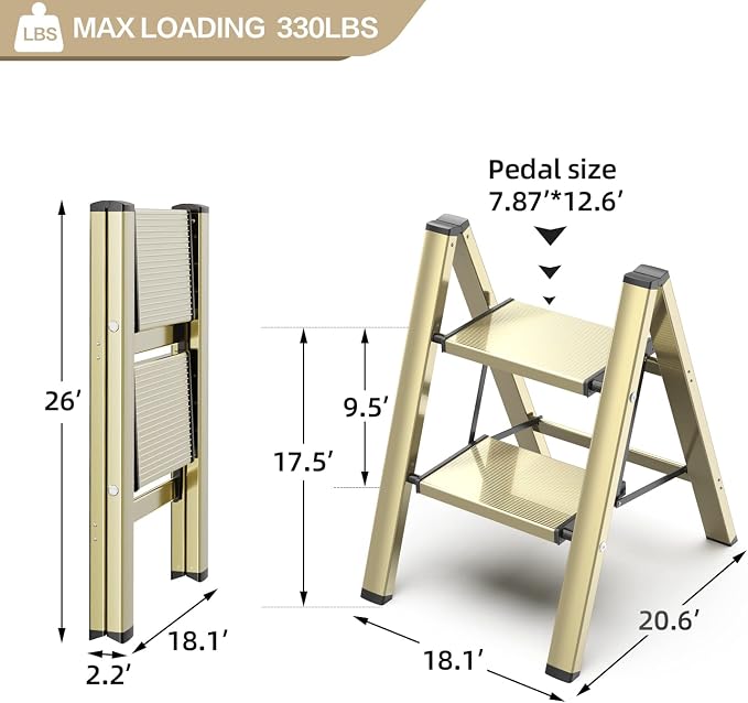 2 Step Ladder, Folding Step Stool with Anti-Slip Wide Pedal | Lightweight, Aluminum Material, 330LBS Load, Portable, Easy Storage, Space Saving, for Kitchen, Bedroom Use, Gold - Image 7