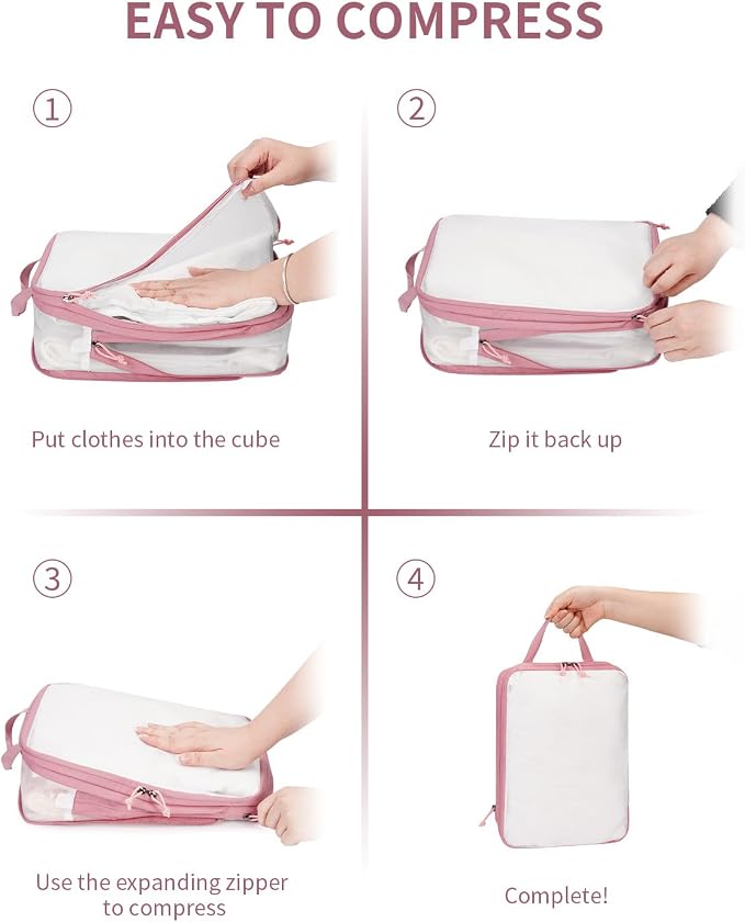 ECOHUB 6 Set Compression Packing Cubes, Gifts for Women Mom, Lightweight Vacation Travel Essentials Accessories for Suitcase Luggage Organizer Bags Set with YKK Zippers Shoe Bag, Pink - Image 6