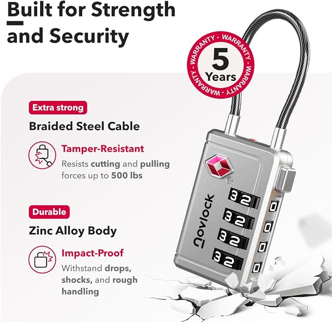TSA Approved Luggage Locks, Travel Locks with Inspection Indicator | TSA008, Easy to Read Dials, 4 Digit Combination, Flexible Steel Cable, for Suitcases, Backpacks, Bags, 2-Pack, Silver - Image 4
