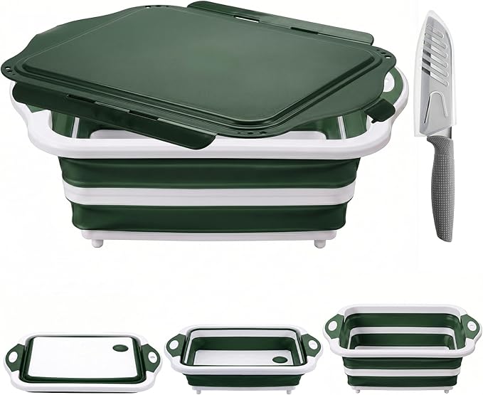 Collapsible BBQ Prep Tub with Lid, Foldable Camping Sink with Colander, Cutting Board, Dish Basin for Kitchen, Bowl, Vegetable and Fruit, Storage Basket for Picnic-Green by ROTTOGOON
