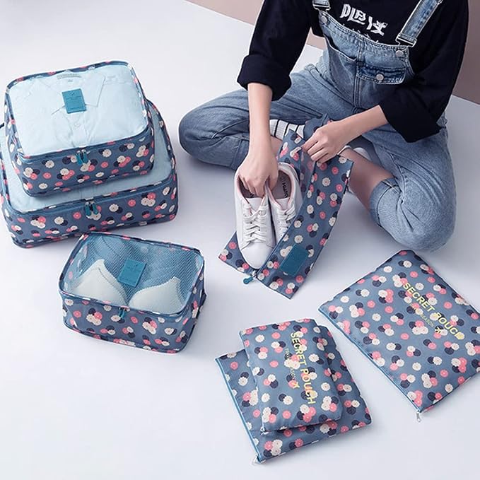 7 Set Packing Cubes Travel Luggage Packing Organizers for Suitcase, Blue Flower - Image 6