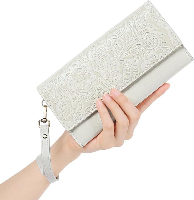 GOIACII Wristlet Wallets for Women RFID Blocking Western Clutch White | Embossed Leather, Vintage Design, Trifold, Large Billfolds, Ladies Purses with Zipper Coin Pocket - Image 4