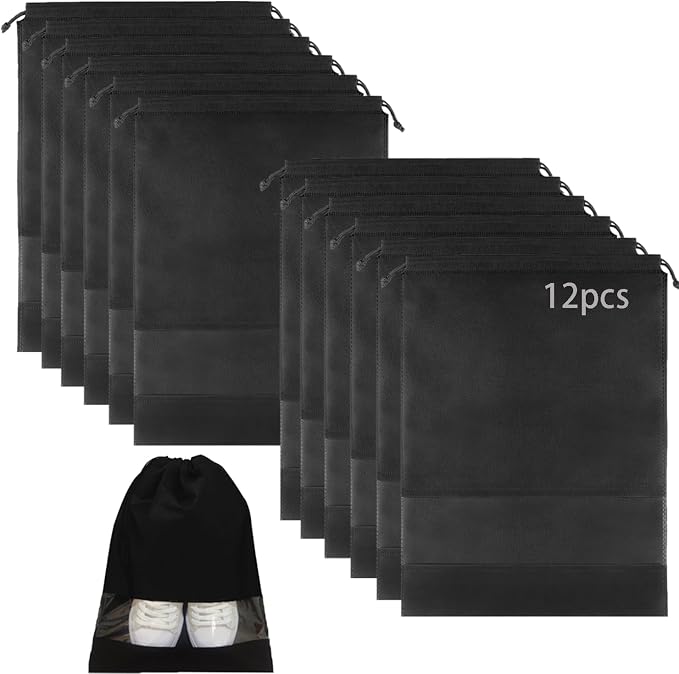 YMCCOOL 12pcs Non-woven Shoe Bags for Travel 12.6" X 17.3" Portable Shoe Bags with Clear Window, Large Drawstring Dustproof Travel Shoe Storage Bag for Men & Women, Black,XL Size by YMCCOOL