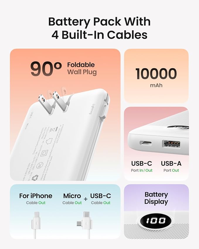 Portable Charger with Wall Plug, Slim USB C Power Bank with Built-in Cables, 10000mah LED Display External Battery Pack Compatible with iPhone/Android & More(White) - Image 2