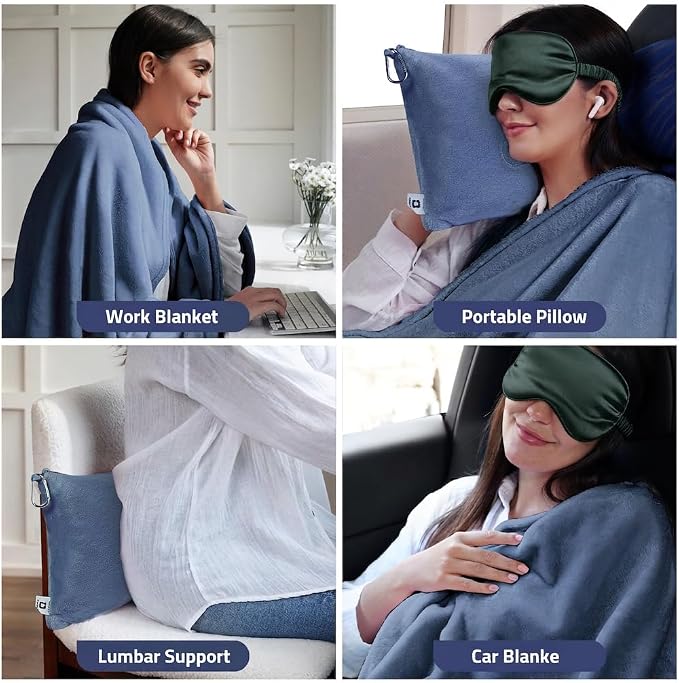 Travel Blanket, Airplane Blanket, Ultra-Soft, Warm & Lightweight, 65x40 in, Outdoor Blanket Essentials for Women, Men & Kids, Included Eye Mask, Luggage Sleeve & Backpack Clip Dusty Blue - Image 5