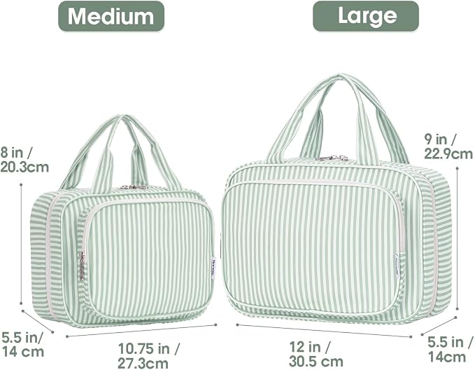 Narwey Striped Travel Toiletry Bag for Women Large Hanging Makeup Bag Organizer Toiletries Bag for Full Size Essentials Accessories Cosmetics (Mint Green Stripe (Large)) - Image 2
