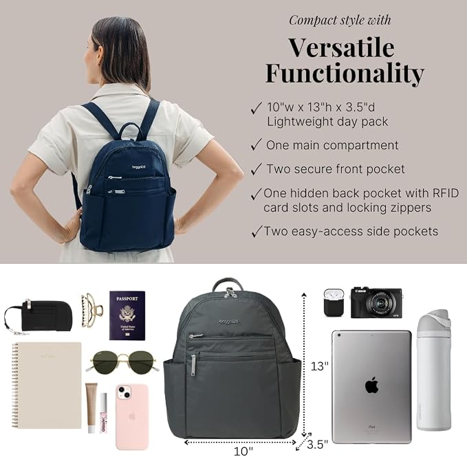 Baggallini Securtex® Anti-theft Vacation Travel Backpack 10x13 Slash-Resistant Nylon Daypack w/RFID, Charcoal - Image 5