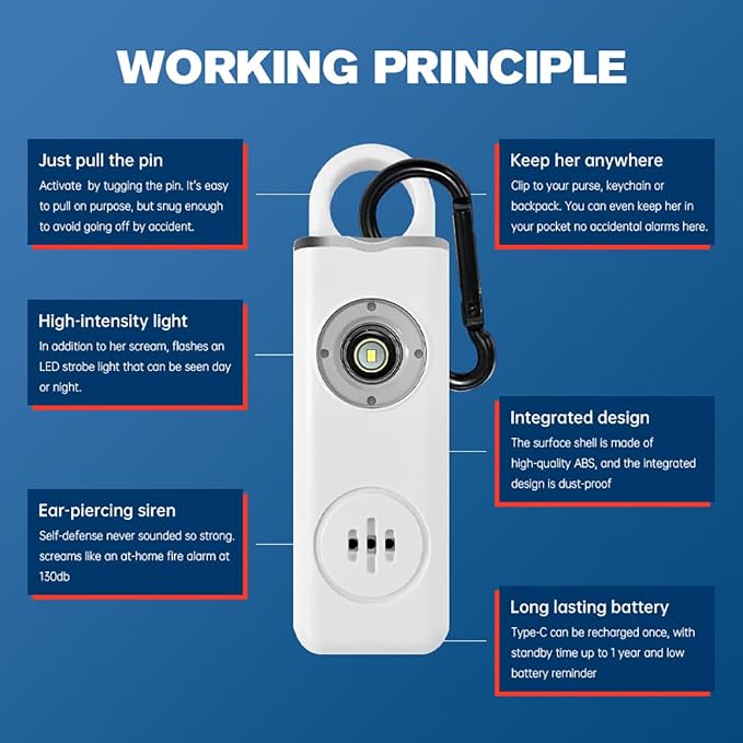 Rechargeable Personal Safety Alarm -130dB Keychain with SOS Flashing Light, Lightweight28g,500+ Days Standby, Loud Alert for Girls, Children, Elderly (Blue) - Image 7