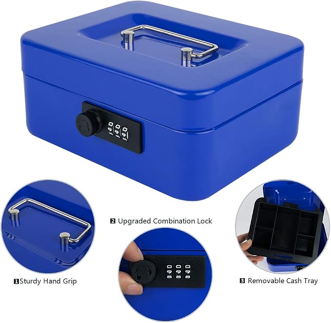 KYODOLED Cash Box with Combination Lock,Safe Metal Box for Money,Storage Lock Box with Money Tray,7.87"x 6.30"x 3.54" Blue Medium - Image 2