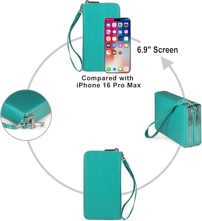 RFID Blocking Cellphone Wristlet Wallet for Women Dual Zipper Large Capacity 17 Card Holder Ladies Phone Clutch Travel Purse with Removable Strap, Turquoise - Image 6