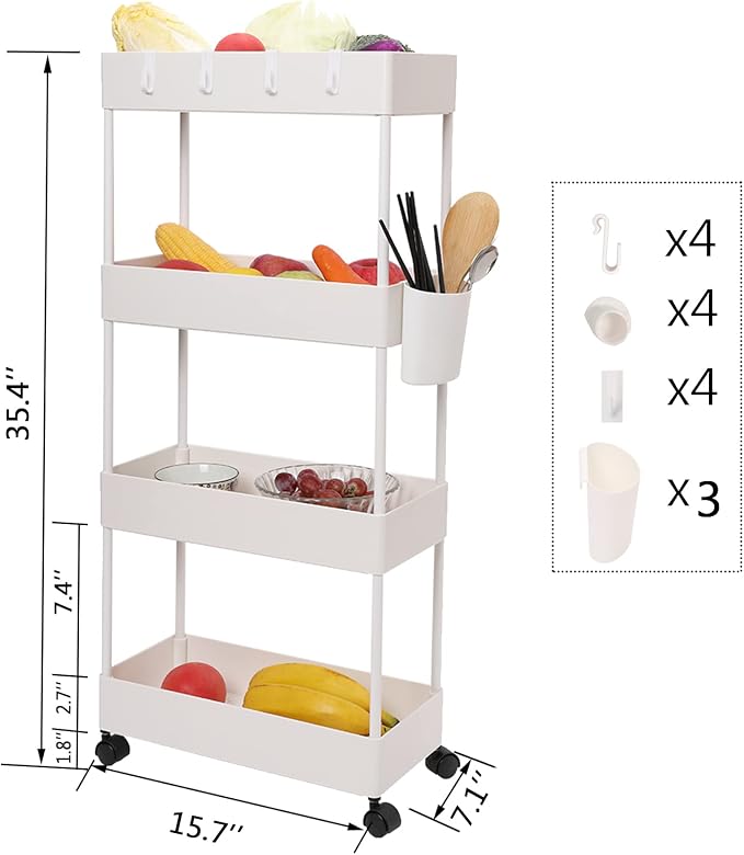 4 Tier Slim Rolling Utility Kitchen Cart Bathroom Organizer for Narrow Places Multipurpose Storage Shelve Mobile Trolley for Bedroom Laundry Office Restaurant Garage Pantry (White) - Image 2
