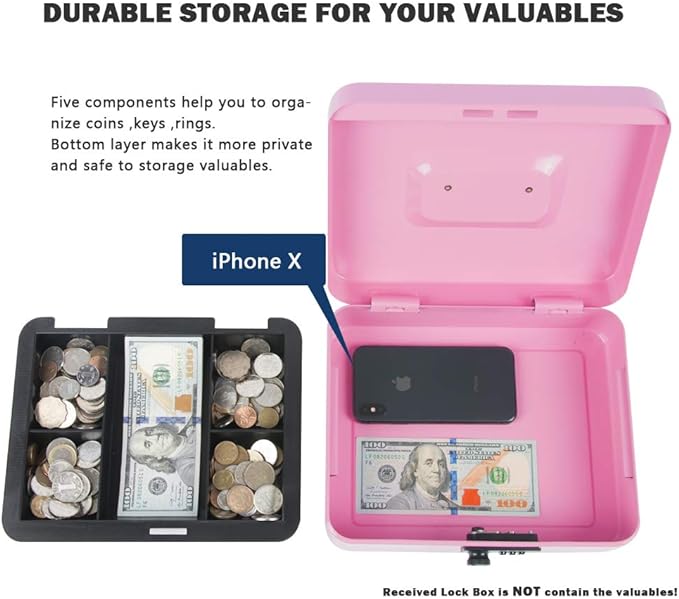 Kyodoled Large Cash Box with Combination Lock,Safe Metal Money Box with Money Tray for Security Lock Box 9.84"x 7.87"x 3.54" Pink Large - Image 4