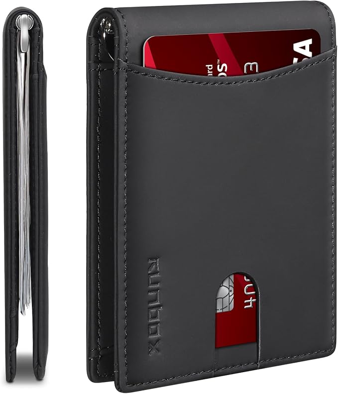 RUNBOX Slim Wallet for Men Genuine Leather RFID Blocking Bifold Minimalist Front Pocket Mens Wallet with Money Clip Thin Gift Box by RUNBOX