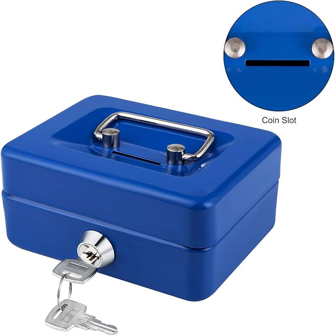Mini Cash Box with Lock and Slot Small Cash Box with Money Tray Metal Piggy Bank Casino Safe Gamblers Lock Box 4.9" x 3.7" x 2.4" Blue - Image 4
