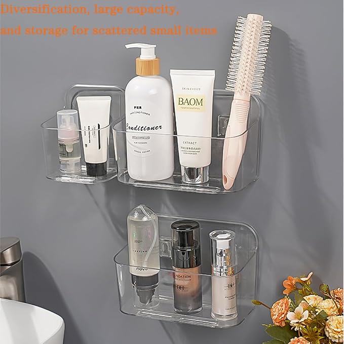2pcs Adhesive Wall Mount Organizer Box,Acrylic Shelves for Wall,No Drilling Hang Walls,with Self Adhesive Tape,Automatic Draining for Bathroom, Kitchen, Living Room - Clear (Small) - Image 2
