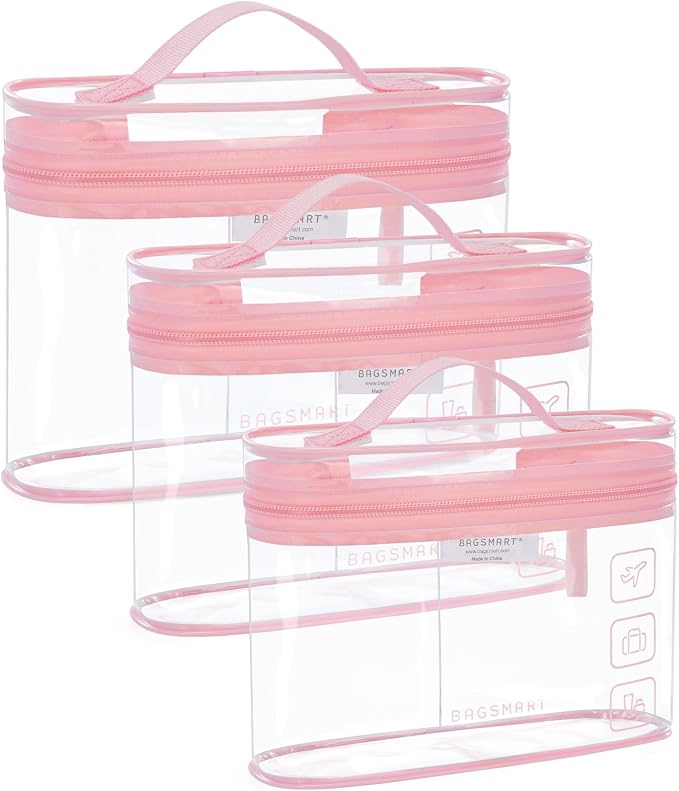 BAGSMART TSA Approved Toiletry Bag, 3 Pack Clear Makeup Cosmetic Bag Organizer, Quart Size Travel Bag for Toiletries, Carry-on Travel Accessories Essentials, Pink-3pcs by BAGSMART