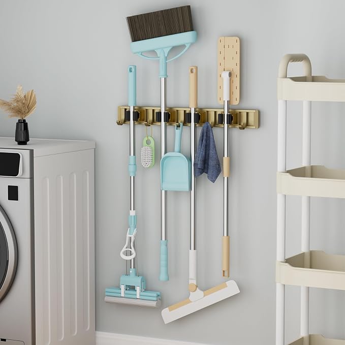 reliahom Broom Holder Wall Mount Mop Hanger Tools organizer 4Racks 5Hooks | Adjustable Mop Broom Wall Hanging Heavy duty Tools Storage Rack Space-saving for Garage,Kitchen,Laundry Room,Garden, Bronze - Image 5